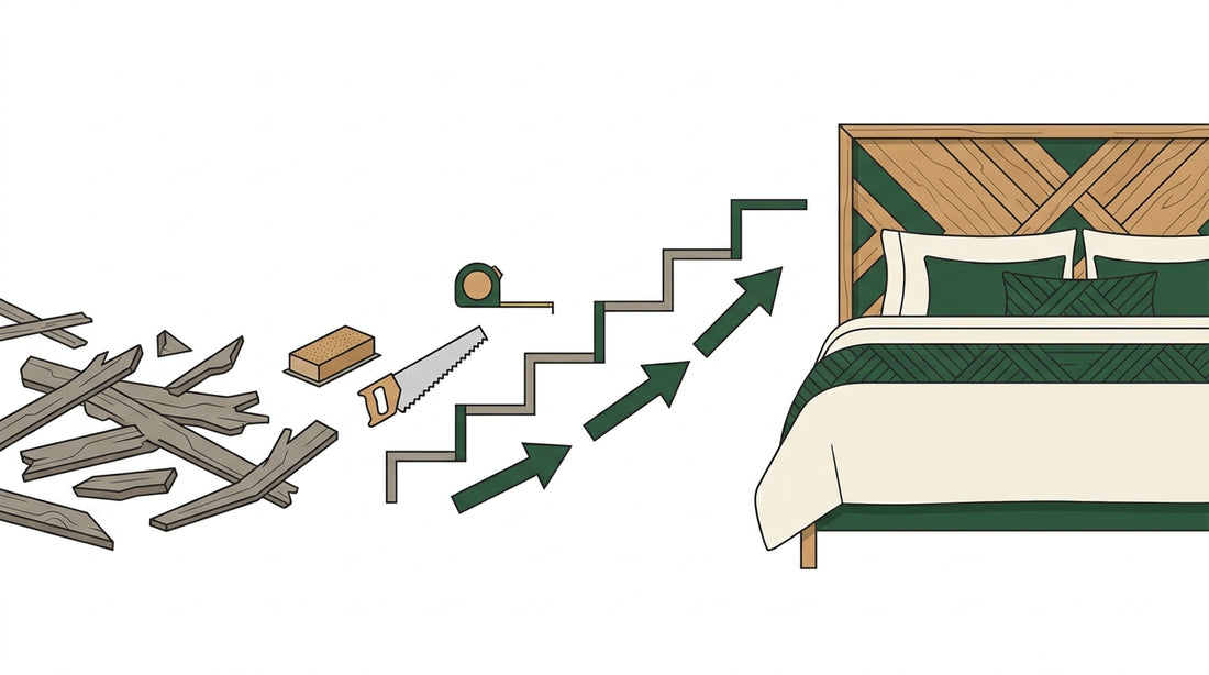 Illustration : du bois flotté brut à la tête de lit installée dans la chambre