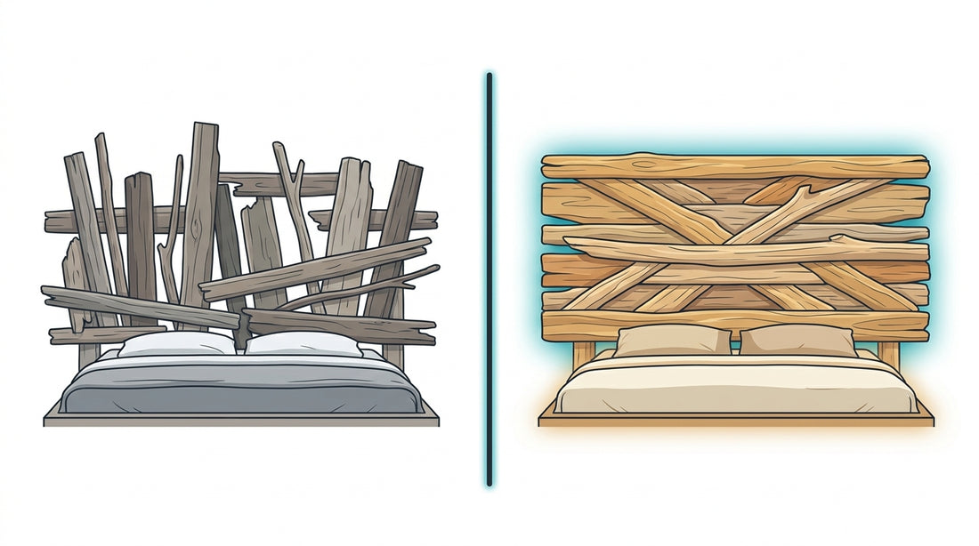 Illustration comparant une tête de lit en bois flotté brute et une version assemblée