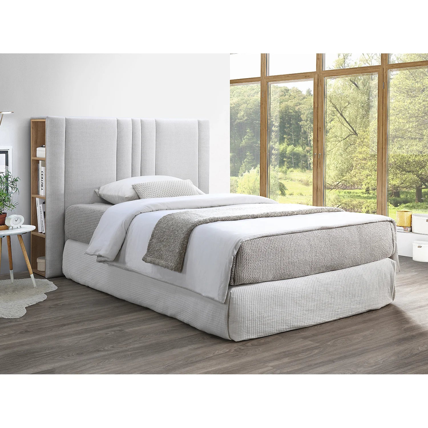 Tête de lit 140 cm en lin, niches de rangement intégrées