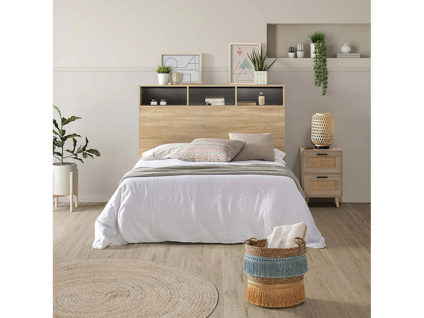 Tête de lit chêne avec niches et rangements, 165 cm
