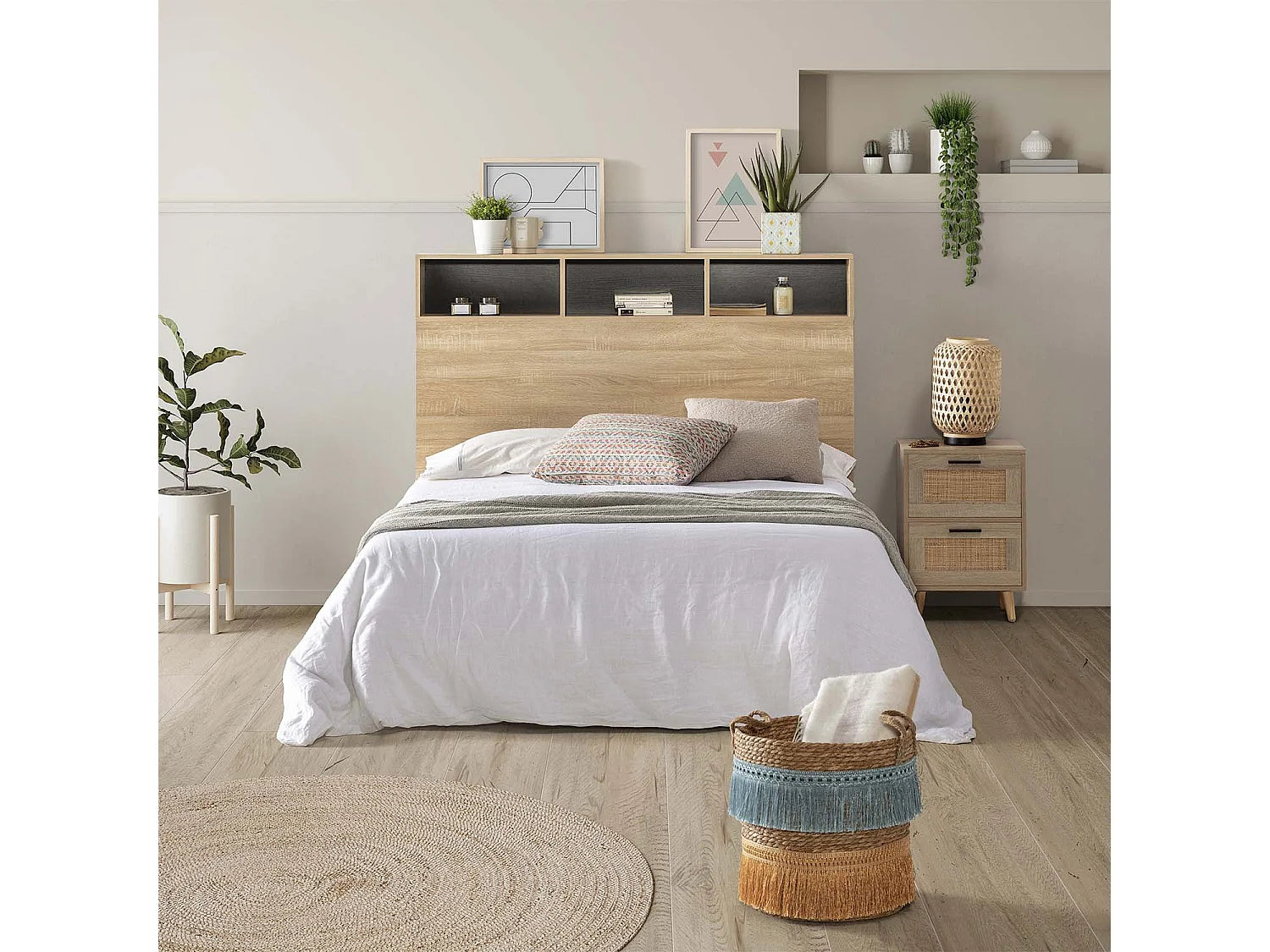 Tête de lit chêne avec niches et rangements, 165 cm